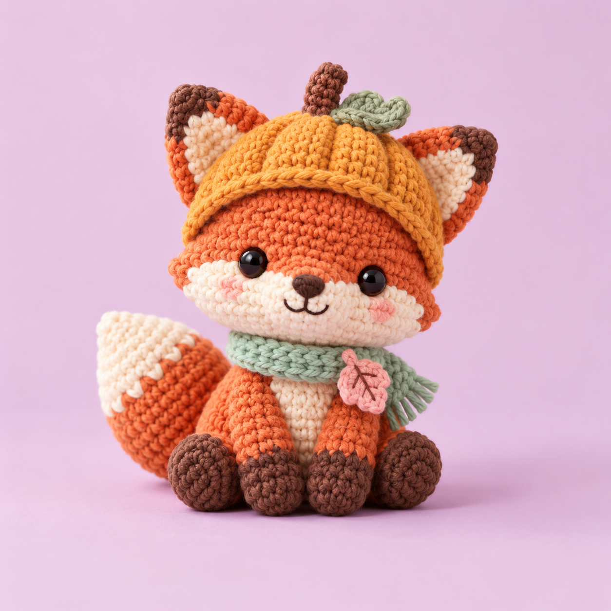 Hand-crocheted fox amigurumi wearing a pumpkin hat and scarf