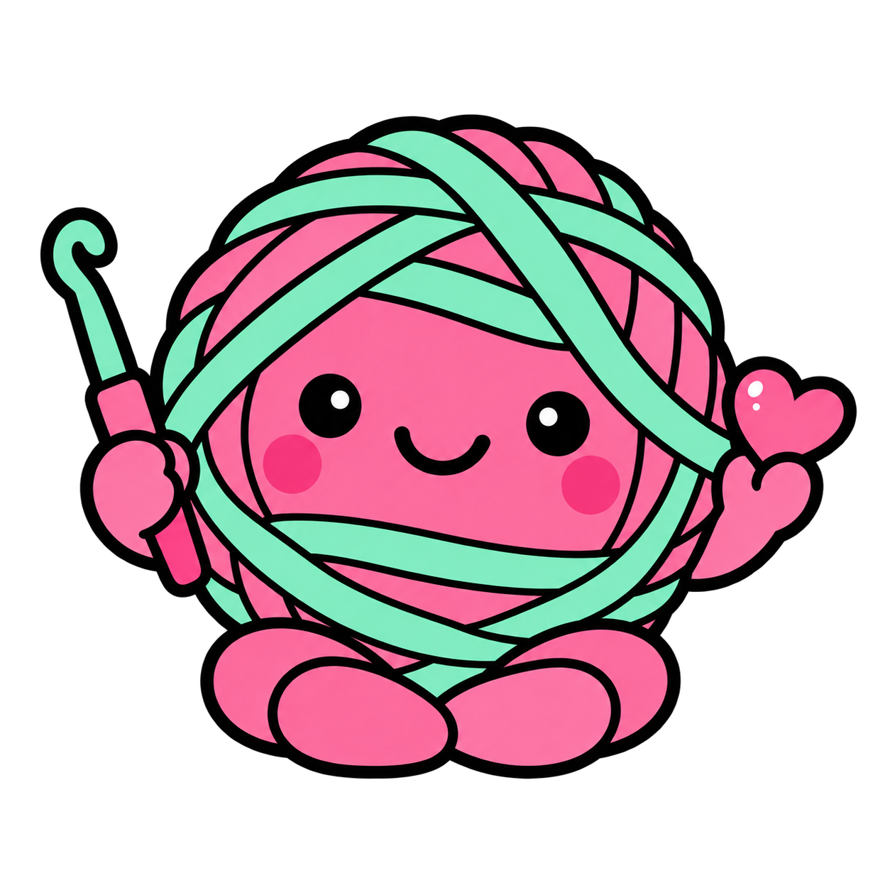 Yarn ball mascot holding a crochet hook and heart